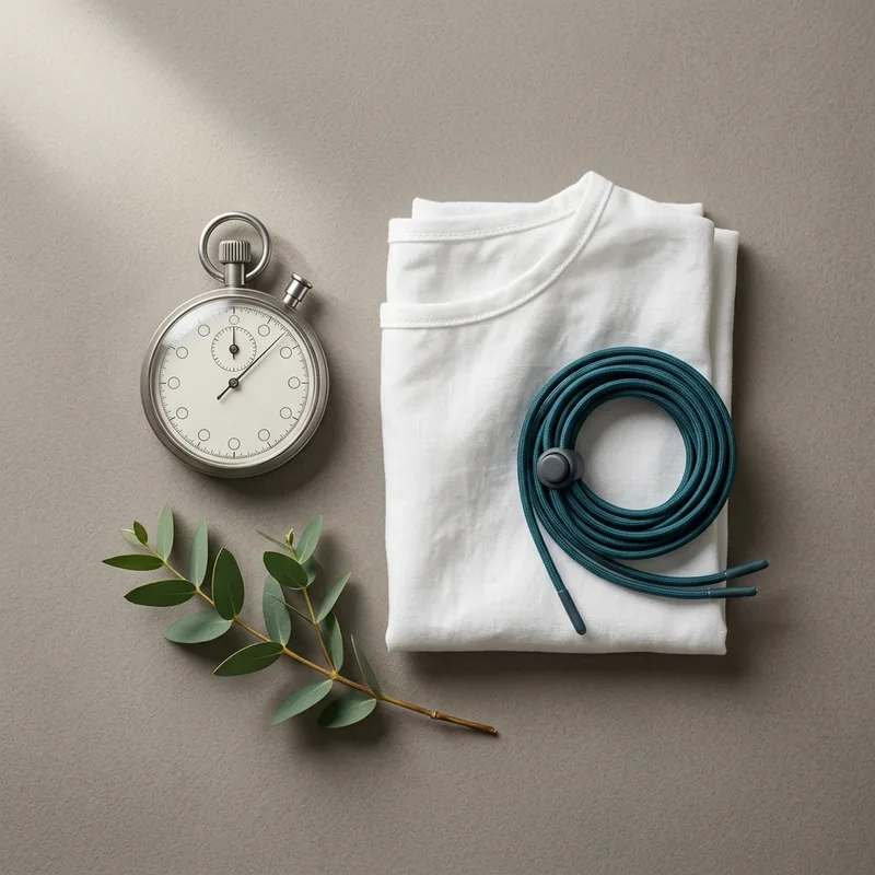 Flat-lay on a warm grey studio surface: a stopwatch lying face up beside a folded running bib, a coiled elastic lace and a sprig of eucalyptus, lit by soft daylight from the upper left